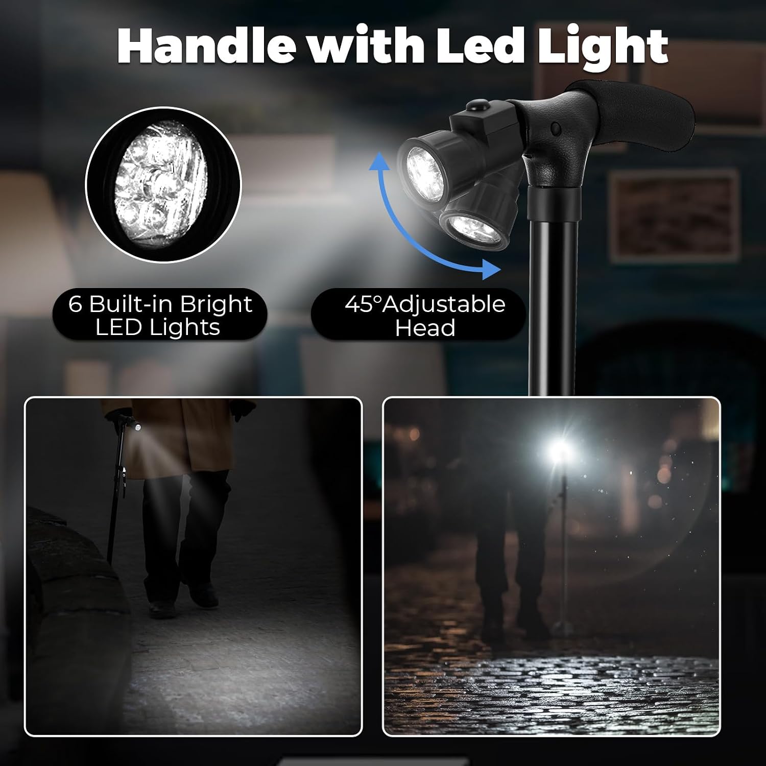 Walking Cane for Men Women: Ohuhu Walking Canes with LED Light Folding Walking Stick Adjustable Free Standing Canes with Wrist Strap Travel Bag for Seniors Adults