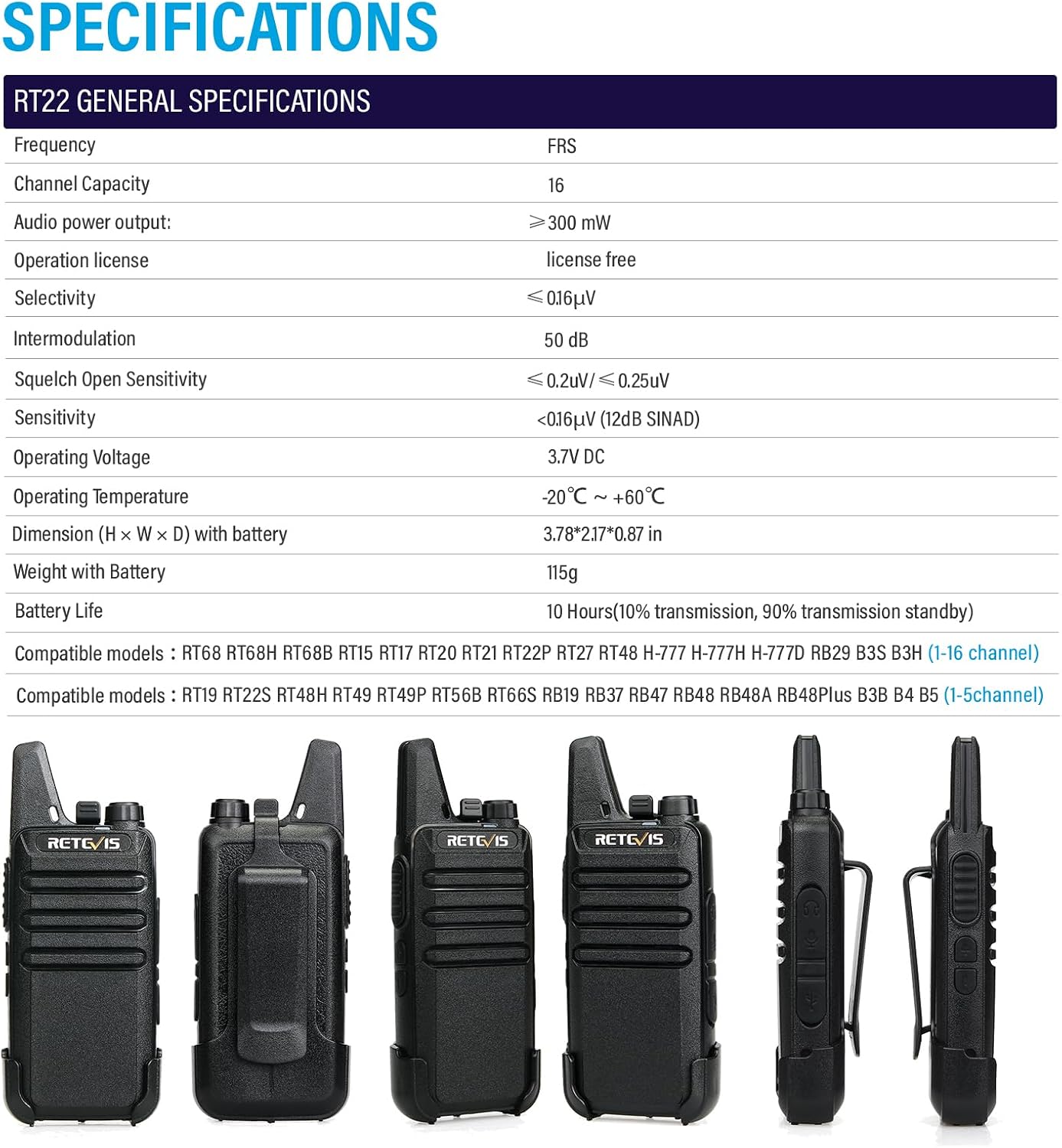 Retevis RT22 Commercial FRS Walkie Talkies Rechargeable Long Range (6 Pack) | Slim & Lightweight 2 Way Radio, For K-12 & Retail, Comfortable for All-Day Wear, Loud & Clear Audio, Charge 6 Radios At Once