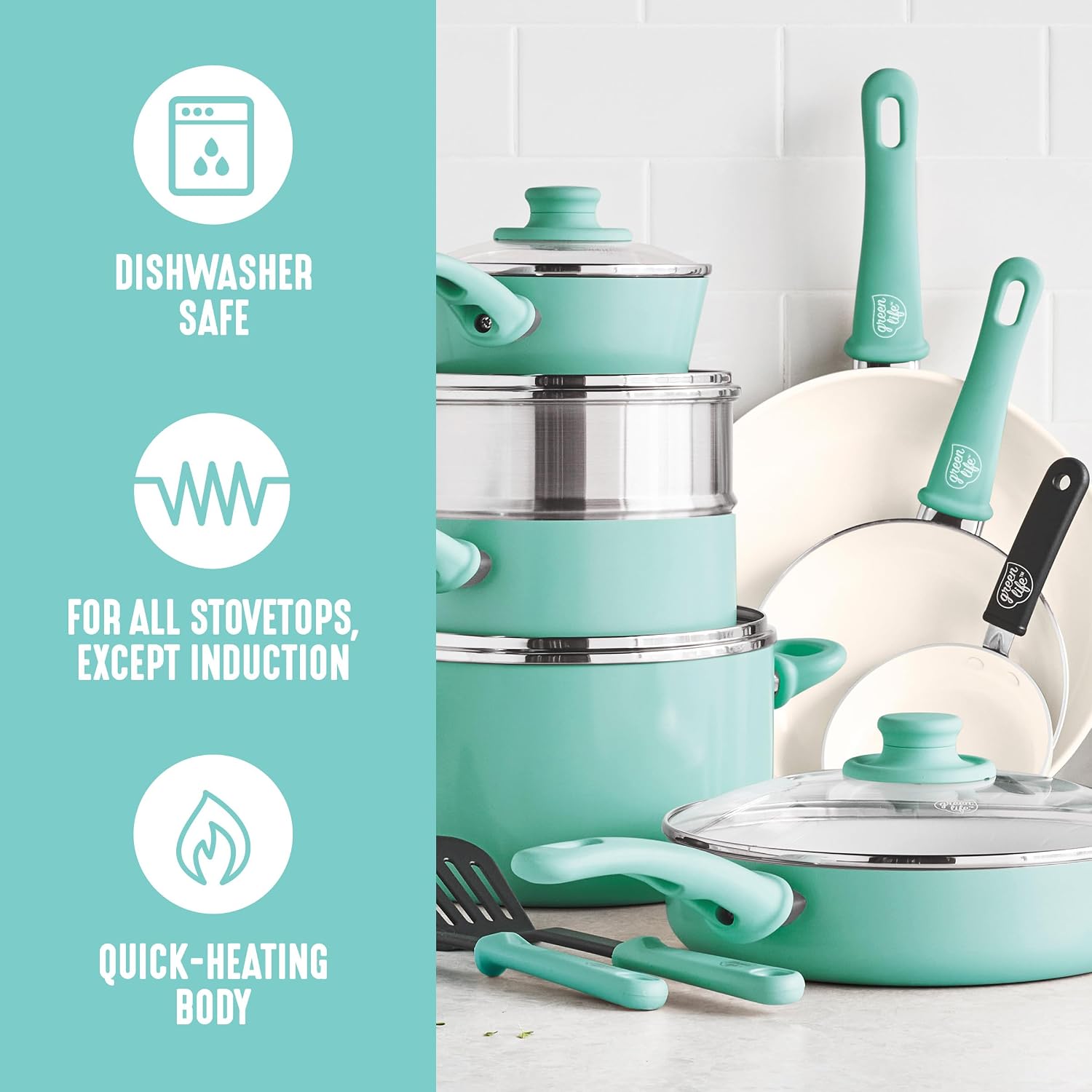 GreenLife 16 Piece Ceramic Nonstick Pots & Pans Cookware Set, Turquoise | PFAS-Free Ceramic Nonstick, Stockpot, Frying Pans, Saucepans, Sauté Pan, Stay-Cool Handles, Dishwasher & Oven Safe up to 350F