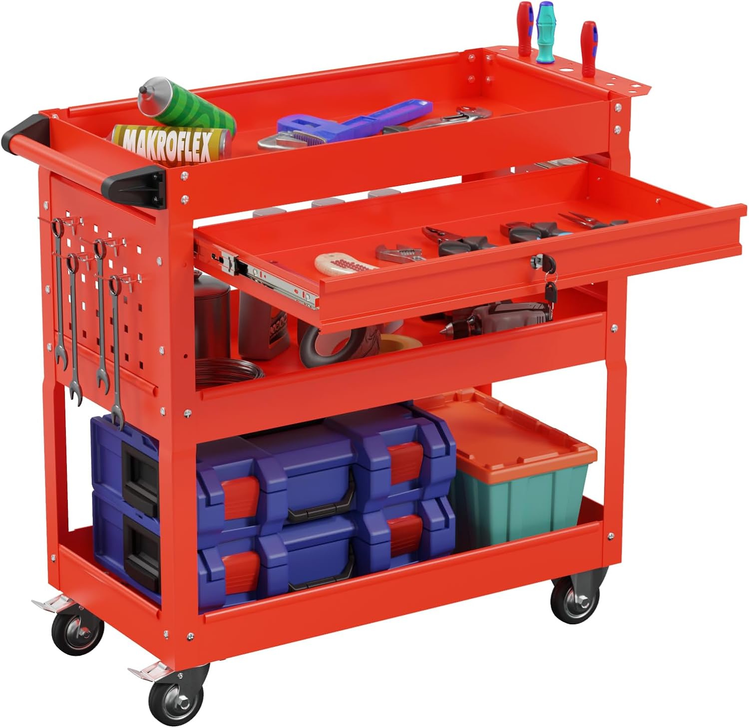 3-Tier Heavy Duty Utility Cart on Wheels, Rolling Tool Cart on Wheels with a Drawer, 350 Lbs Load Capacity Service Cart for Warehous, Garage and Repair Shop (Black)