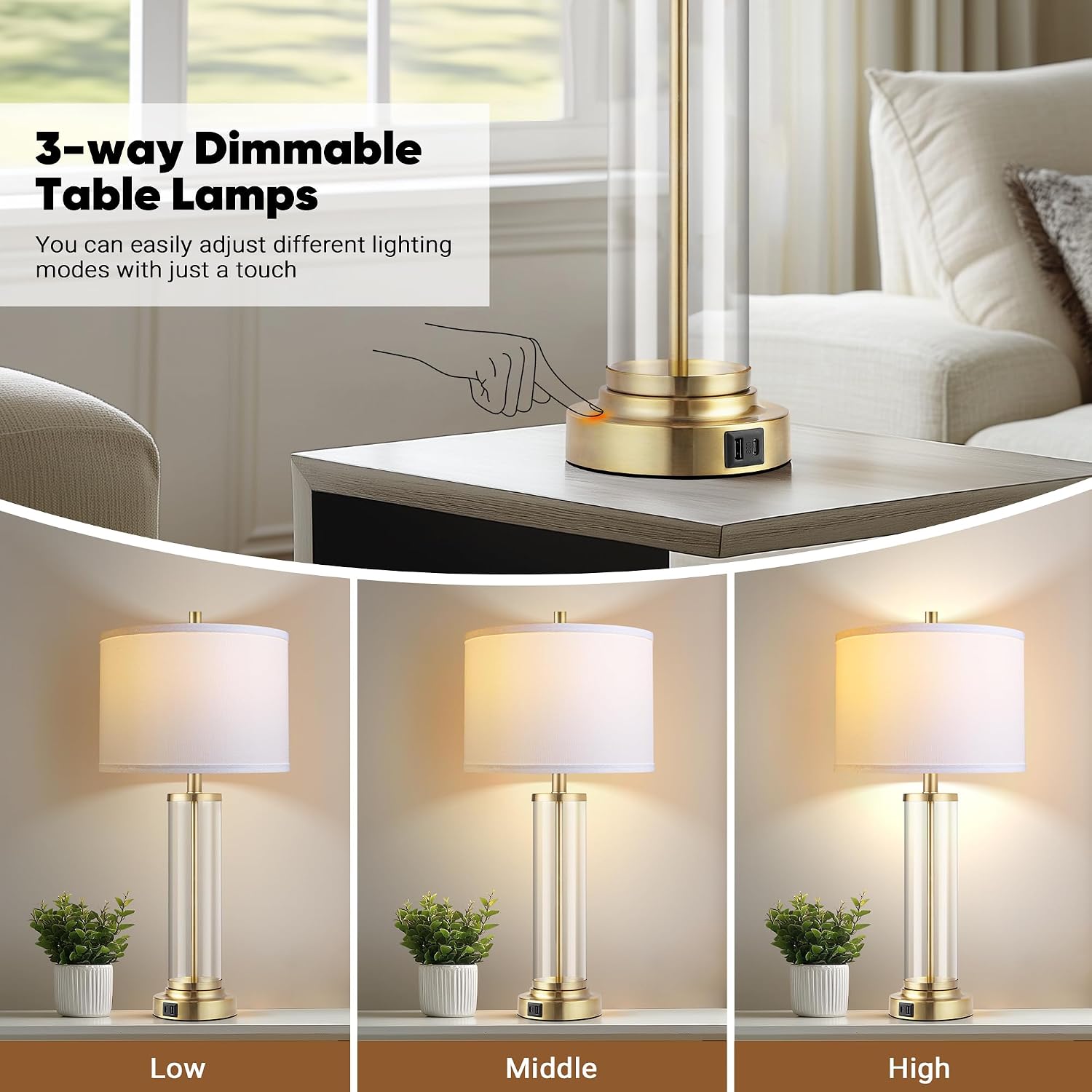 QiMH Lamps for Bedrooms Set of 2, Touch Control Table Lamps with USB A+C Ports, 3-Way Dimmable Bedside Lamp with Fabric Lampshade