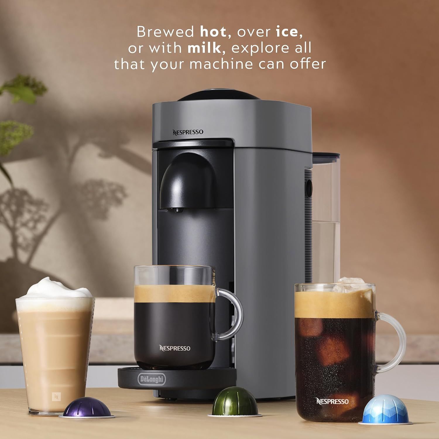 Nespresso Vertuo Plus Coffee & Espresso Maker by De'Longhi, Grey | Grey coffee machine that brews 4 cup sizes: 5 and 8 oz. coffee, plus single and double espresso, at the touch of a button.