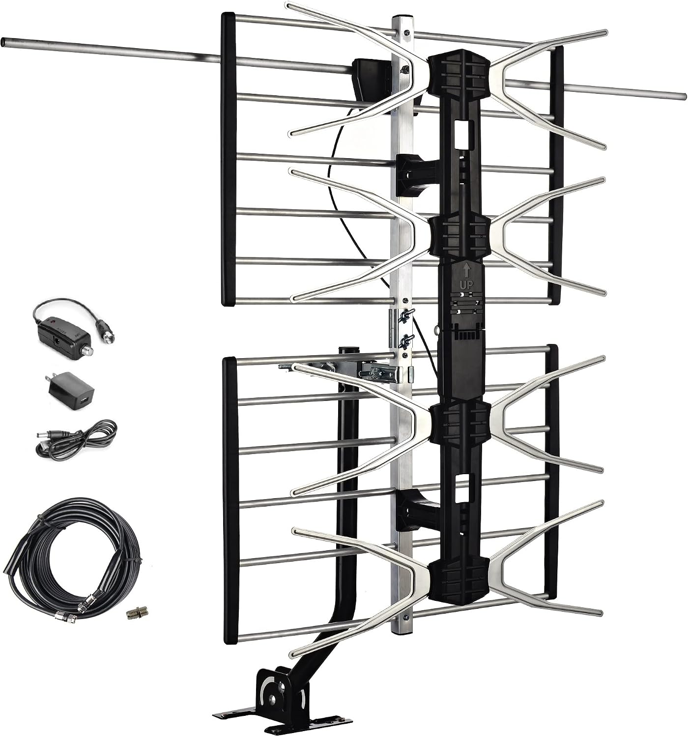 Digital HDTV Outdoor Amplified Antenna - 150 Miles Range - Mounting Pole & 40 feet RG6 Coaxial Cable Included - Optimized Performance in UHF & VHF