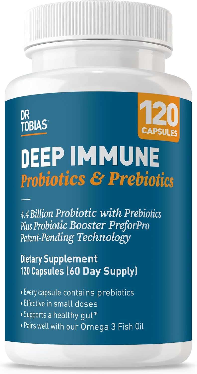 Dr. Tobias Deep Immune Probiotic + Prebiotic 60 Capsules | Gut Health | Dual Action Gut & Immune Support | DE111 Spore Forming Probiotics + PreforPro | Targeted Release | Shelf Stable | 30 Servings