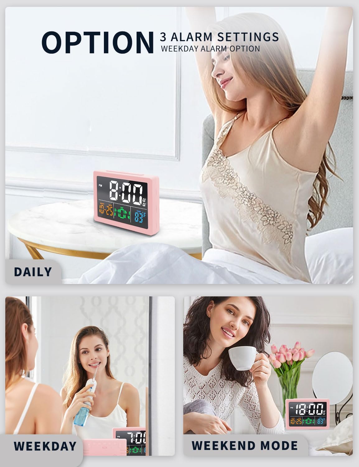 JALL Digital Clock with Date Day for Seniors, Electric Alarm Clocks for Bedrooms with Temperature, 2 Alarms, Dimmer, Dual USB Charger, Battery Backup