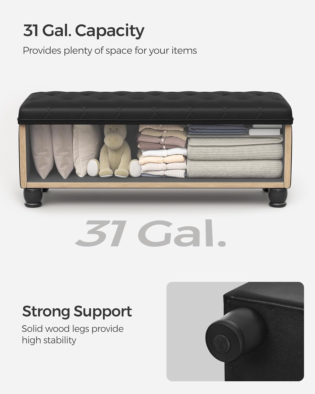 SONGMICS Storage Ottoman, 46.5 Inches Bedroom Bench, Solid Wood Legs