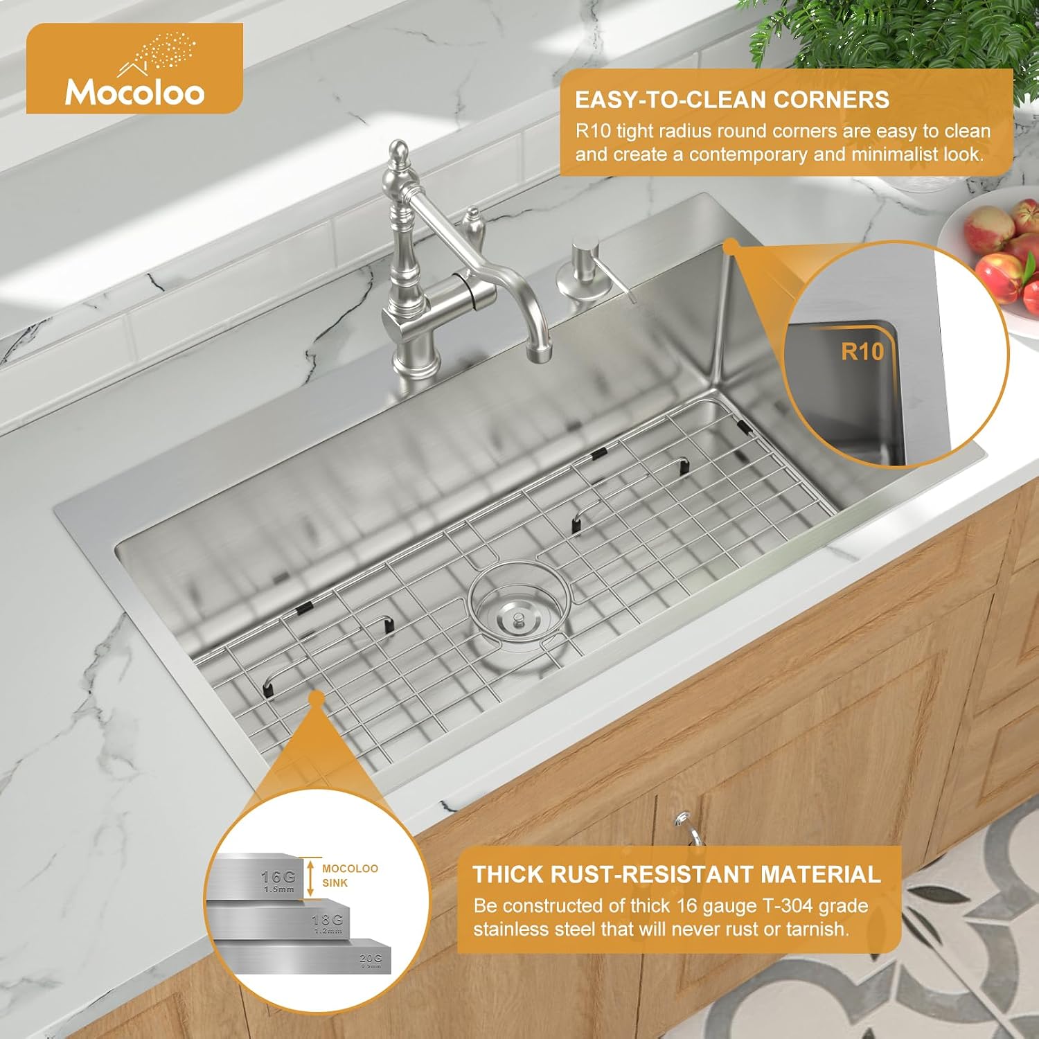 Mocoloo 13 Inch Drop in Bar Sink - 13" x 15" Small Kitchen Sink T304 Stainless Steel Handmade Single Bowl Round Corner Topmount Wet Bar Sink for