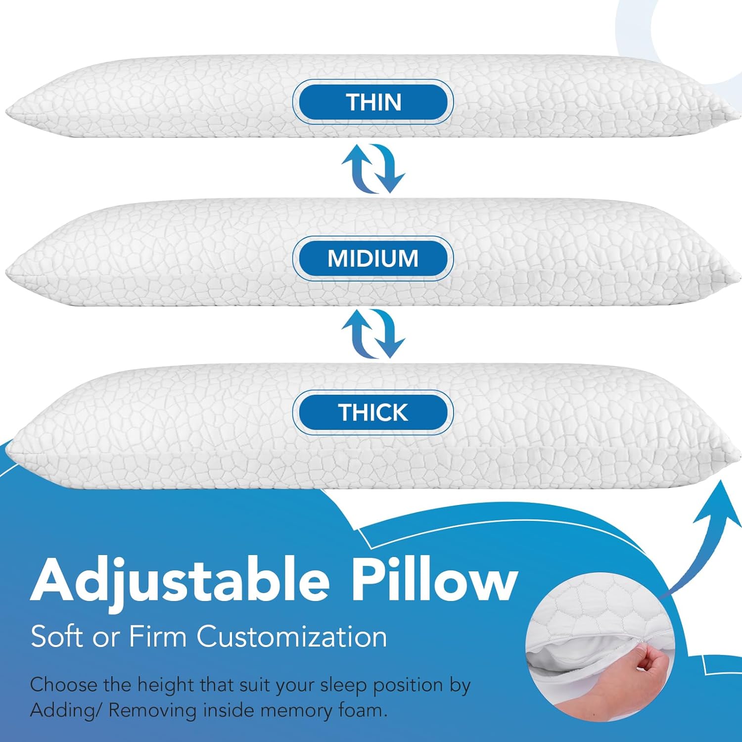 SUPA MODERN Cooling Pillow Queen Size Set of 2, CertiPUR-US Shredded Memory Foam Pillows for Sleeping, Cool Bed Pillows for Hot Sleepers, Adjustable Firm Pillow for Side,Back,Stomach Sleepers