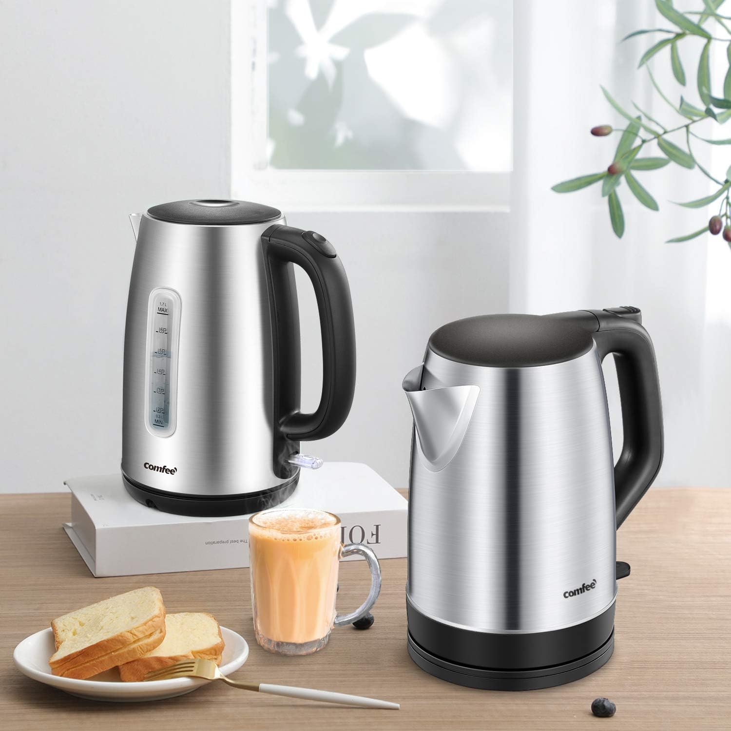 Comfee 1.7L Stainless Steel Electric Tea Kettle, BPA-Free Hot Water Boiler, Cordless with LED Light, Auto Shut-Off and Boil-Dry Protection