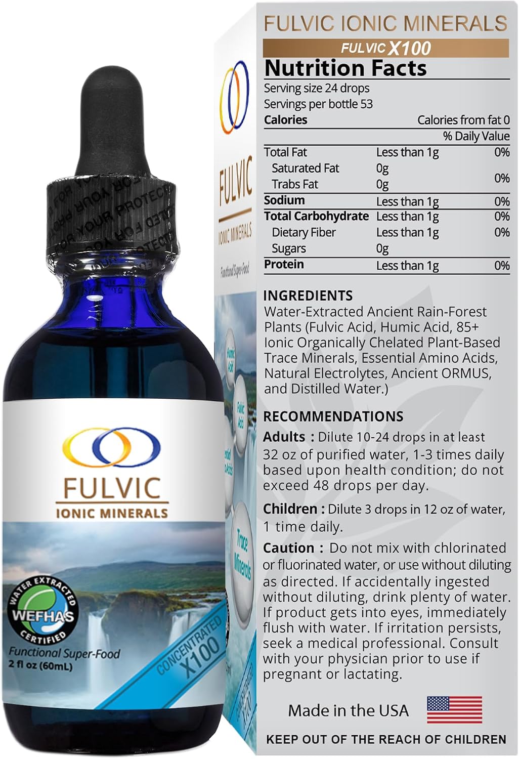 Optimally Organic Water Extracted Fulvic Ionic Minerals X100-2 Month Supply - Patented BioActive Ionic Fulvic Acid - Humic Acid - 77 Trace Minerals