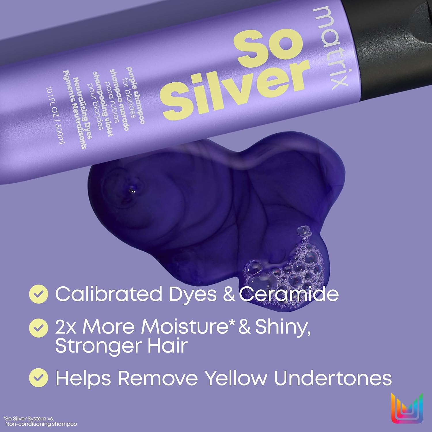 Matrix So Silver Purple Shampoo - Neutralizes Yellow Tones, Color Depositing, Brightening & Toning, For Color Treated, Blonde, Grey, White and Platinum Hair, Vegan