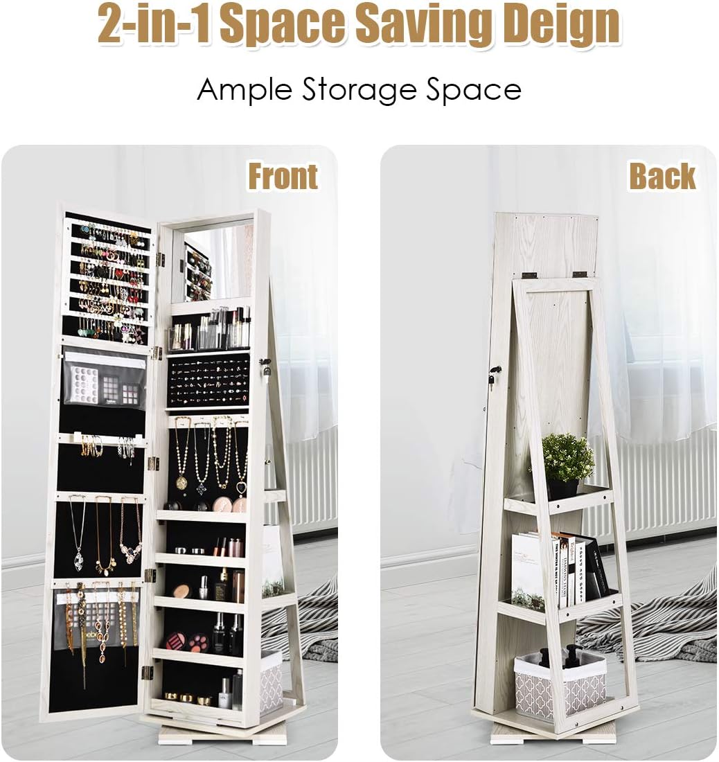 CHARMAID 360° Swivel Jewelry Armoire with Higher Full Length Mirror, Standing Lockable Jewelry Cabinet Organizer with Large Storage Capacity