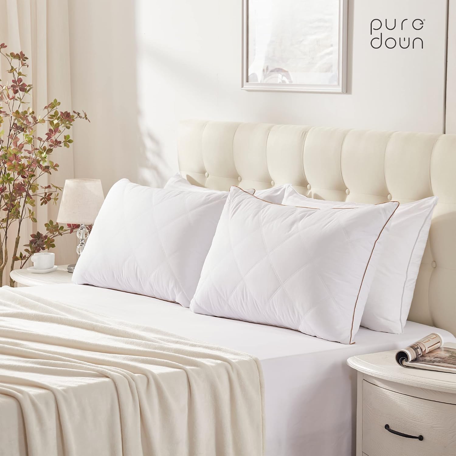 puredown® Goose Feathers and Down Pillow for Sleeping Hotel Collection Bed Pillows, Gusseted, Queen, Set of 2