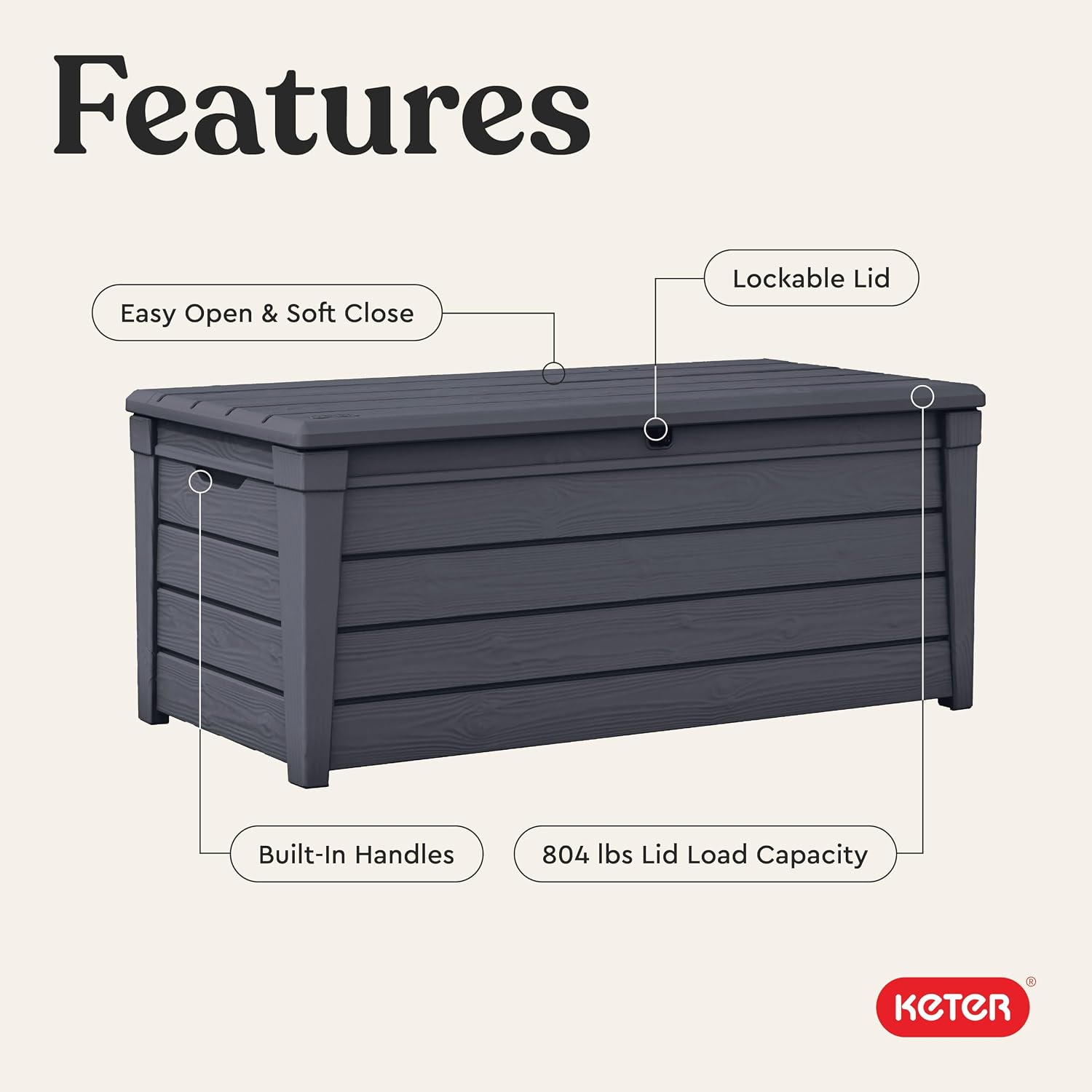 Keter Brightwood 120 Gallon Resin Large Deck Box for Patio Garden, Outdoor Cushion Storage, Pool Accessories, Tools, Grey
