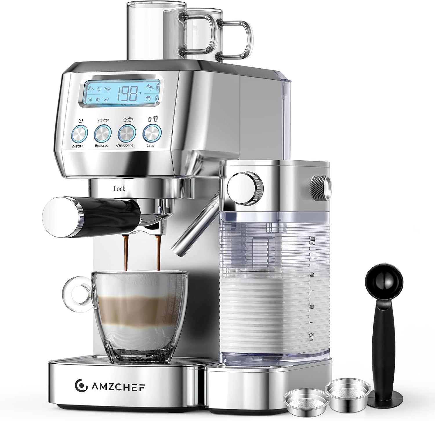AMZCHEF Espresso Machine, Auto Milk Frother, 20 Bar Pressure | Home Coffee Maker with 61oz Removable Tank & LCD Display, One-Touch Latte for Beginners
