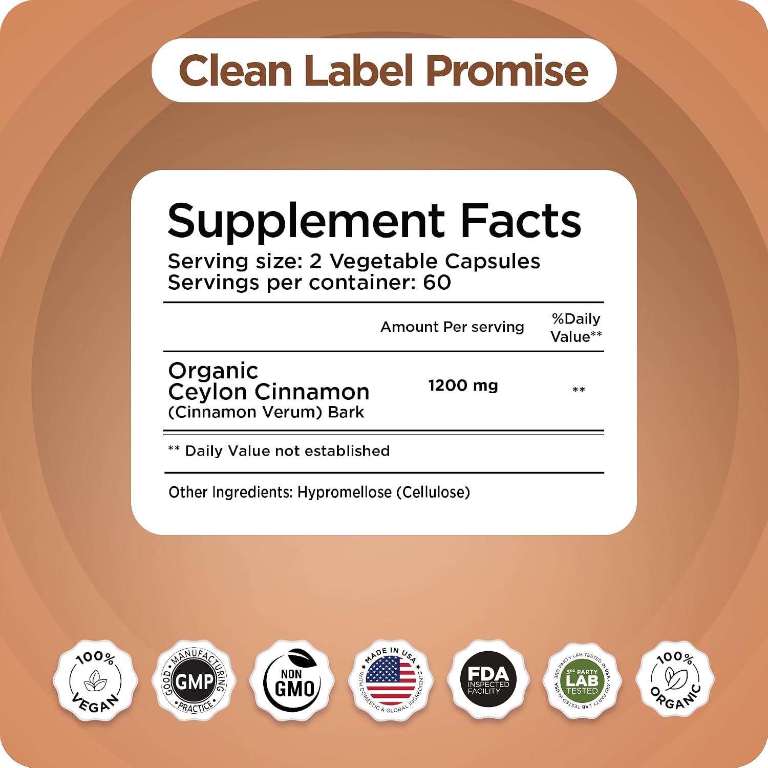 Balancebreens Certified Organic Ceylon Cinnamon 1200mg Supplement - 120 Veg Capsules - Heart