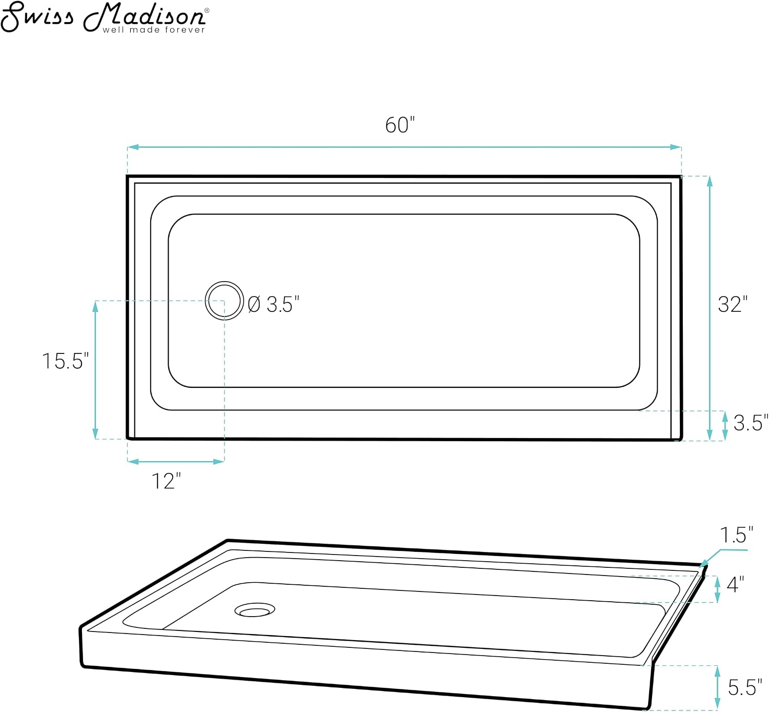 Voltaire 60" x 32" Single-Threshold, Right-Hand Drain, Shower Base in Gray