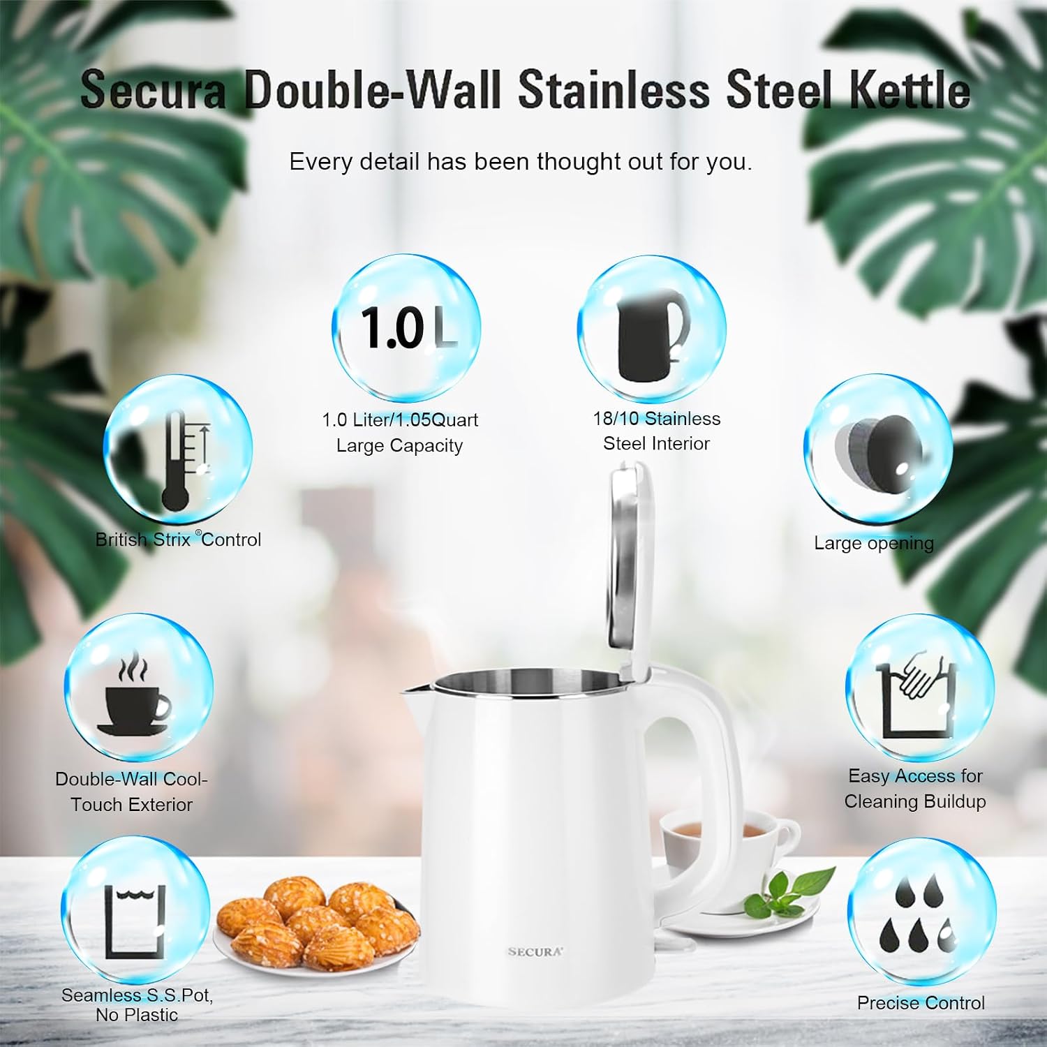 Secura Stainless Steel Double Wall Electric Kettle Water Heater for Tea Coffee w/Auto Shut-Off and Boil-Dry Protection, 1.0L (Orange) SWK-1001DO/HB-K012