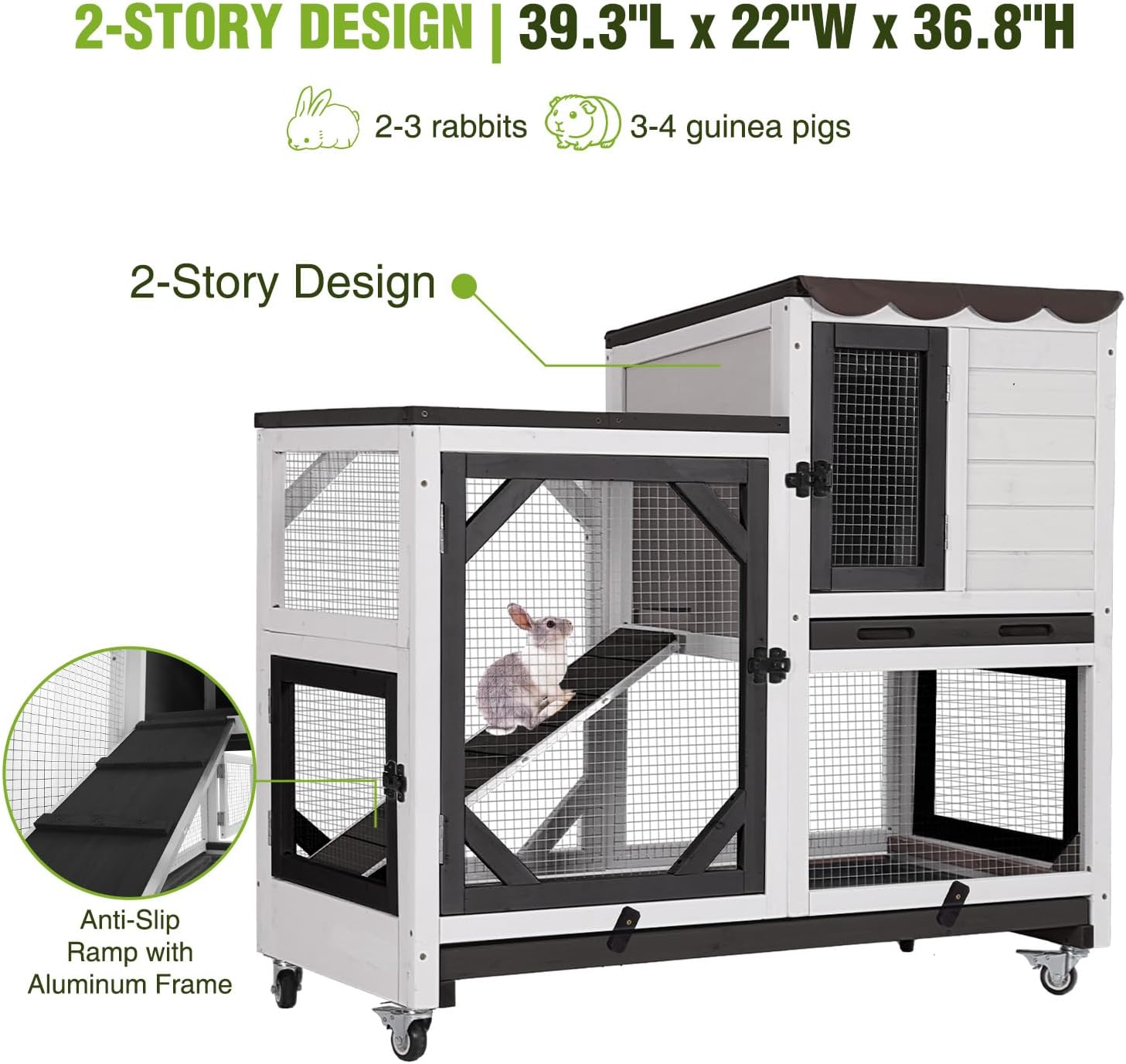 Outdoor Rabbit Hutch Indoor Bunny on Wheels Large Guinea Pig Cage with Run for Any Small Animals,Removable Pull Out Tray