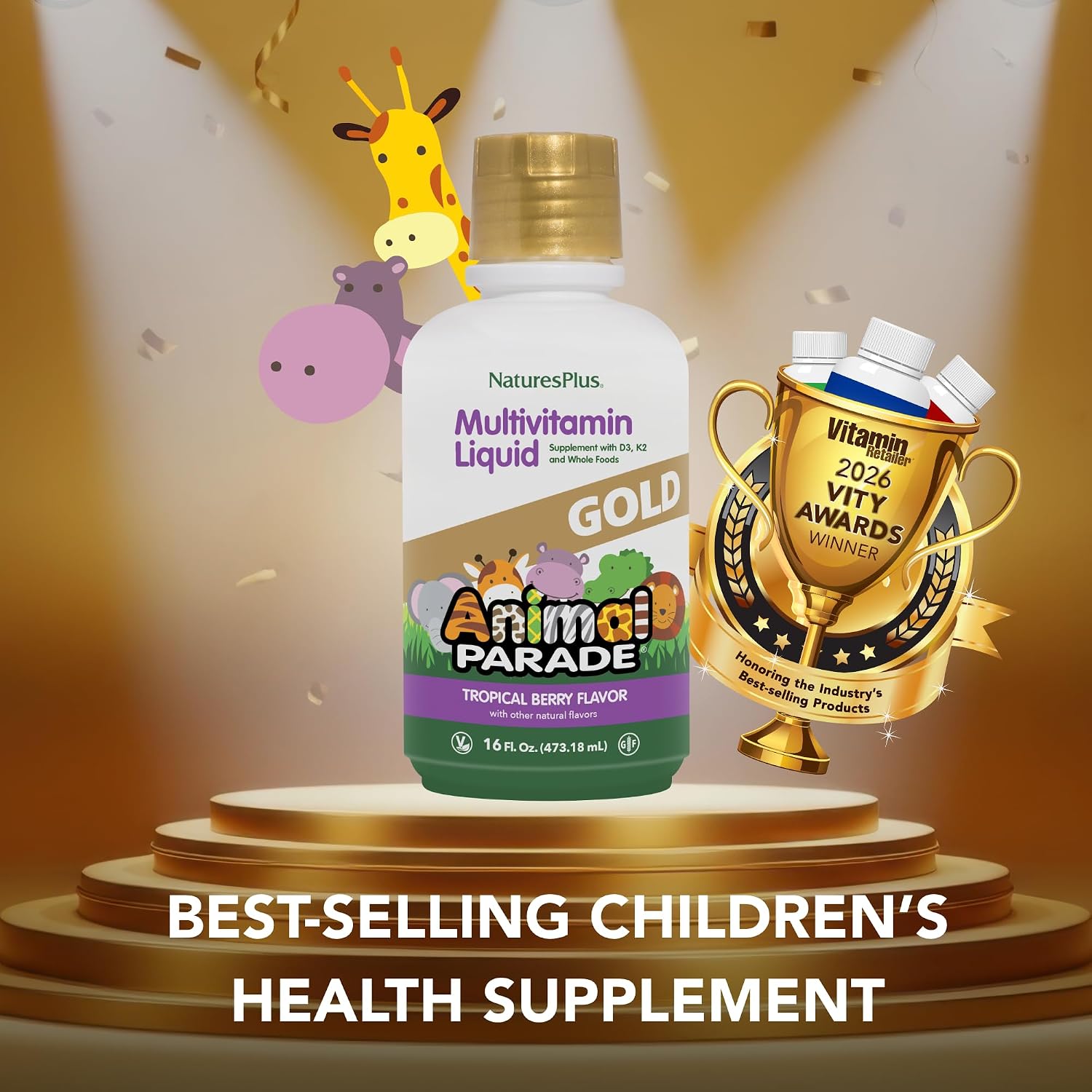 NaturesPlus Animal Parade Gold Children's Liquid Multivitamin, 16 fl oz - Natural Tropical Berry Flavor - Immune Support Supplement - Gluten Free, Vegan - 32 Servings