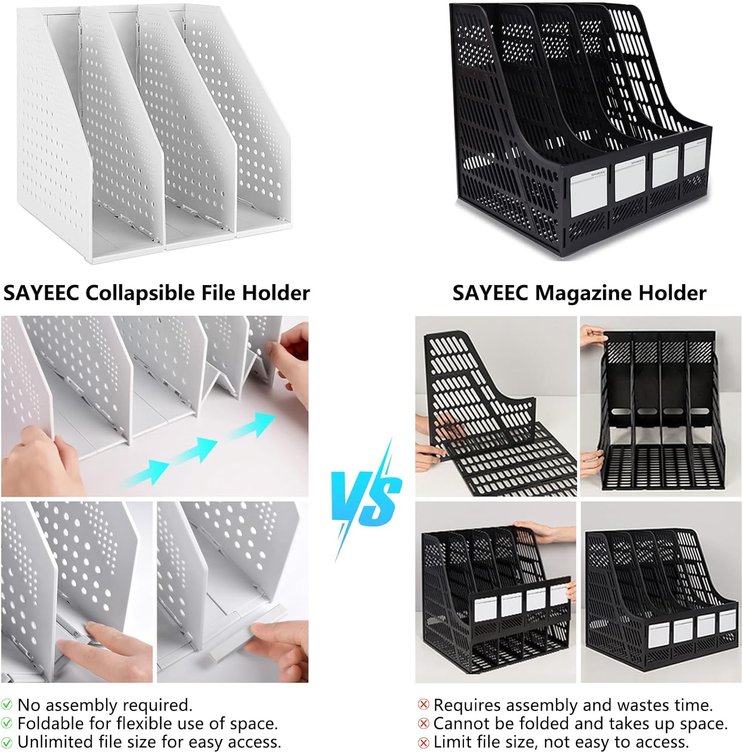 SAYEEC Collapsible Magazine Holder Plastic Desktop 4 Compartment File Rack Magazine Organizer Vertical File Divider Sorter Storage Document