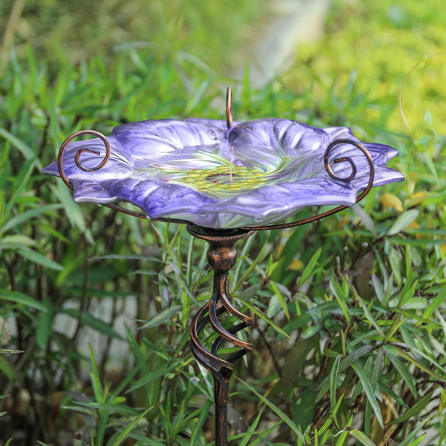 VCUTEKA Glass Bird Bath Outdoor Birdfeeder with Metal Stake Garden Decor