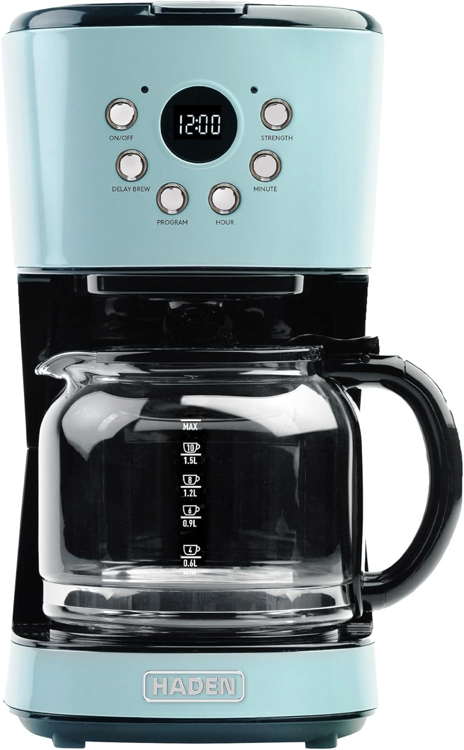HADEN 12-Cup Programmable Coffee Maker for Home or Office, Putty & Chrome – Drip Brewer Machine with Brew Strength, Delay Brewing