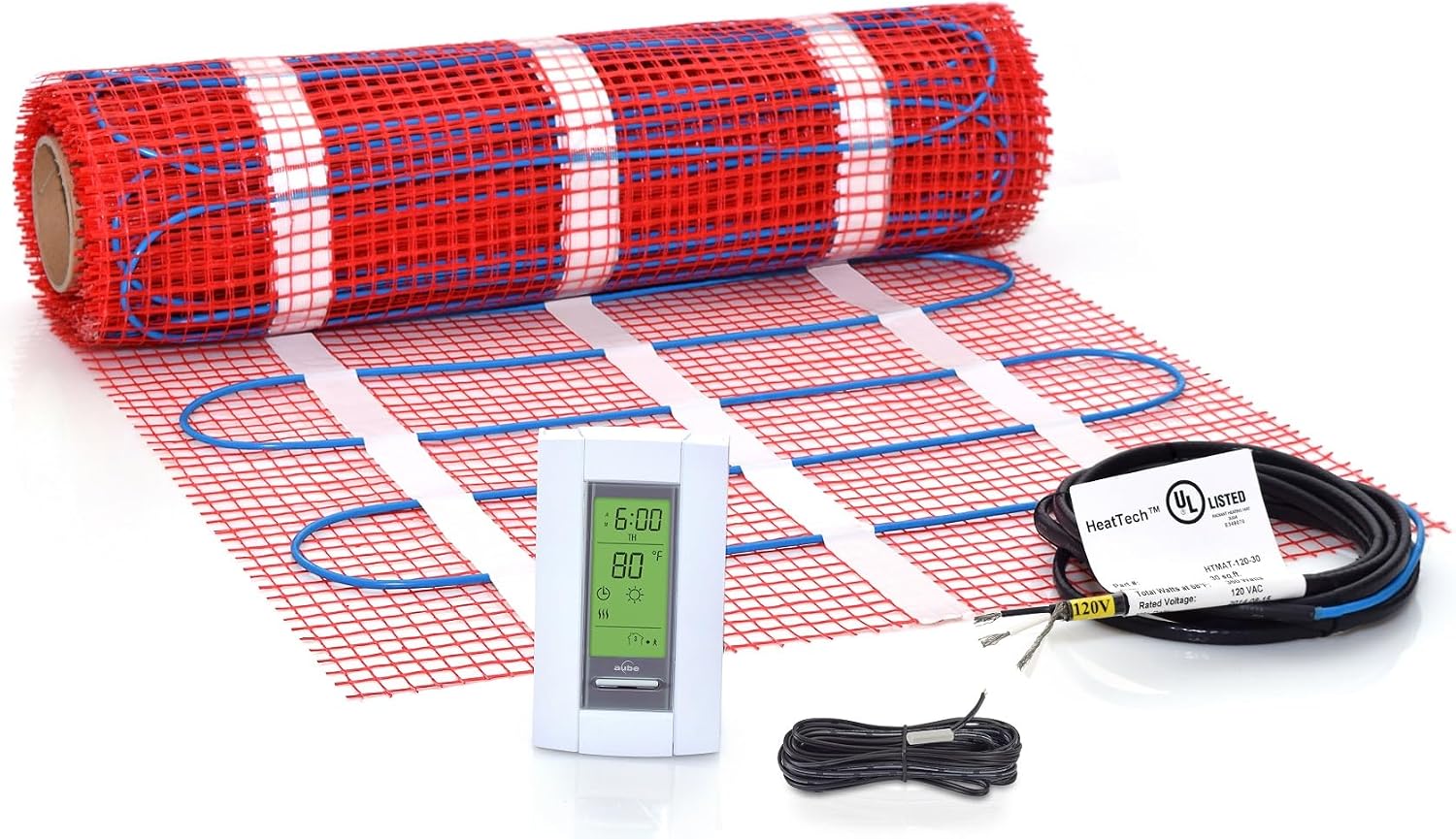 35 sqft Floor Heating Mat Kit, 120V Electric Radiant Floor Heat Heating Mat System with Adhesive Backing, Aube TH115-AF-120S Programmable Floor Sensing Thermostat w/Floor Sensor. Tile, Stone, Marble