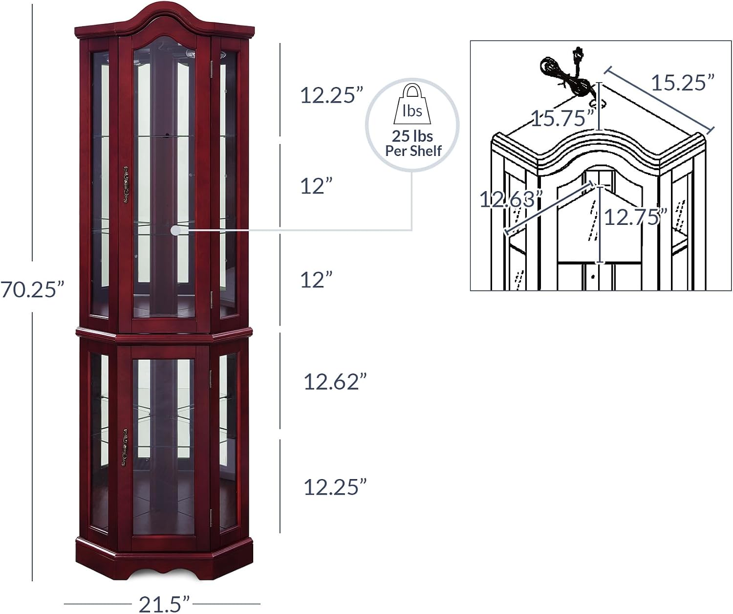 BELLEZE Lighted Corner Display Curved Top Curio Cabinet Wooden Shelving Unit with Tempered Glass Door