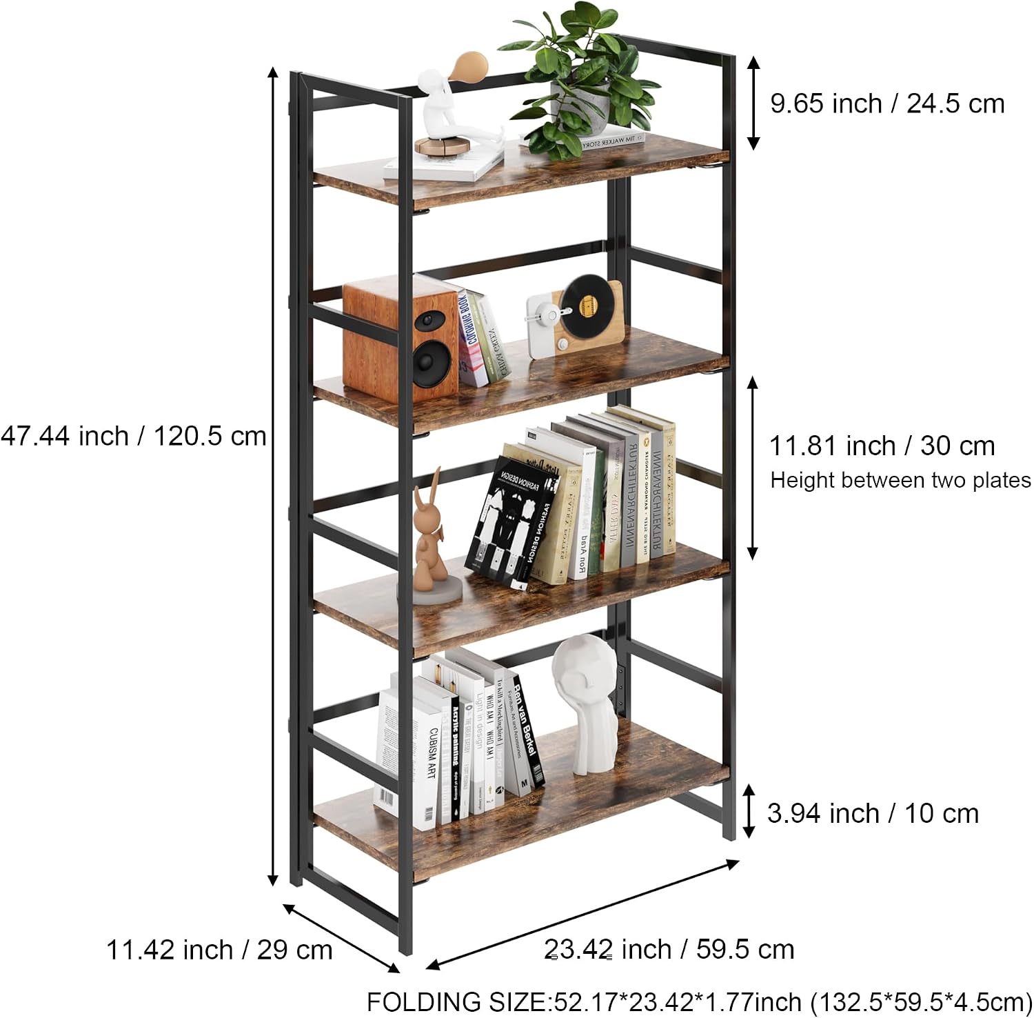 Vintage Multifunctional Folding Bookshelf, No-Assembly Plant Stand Storage Rack Shelves for Home Office (Fire, 5-Tier)