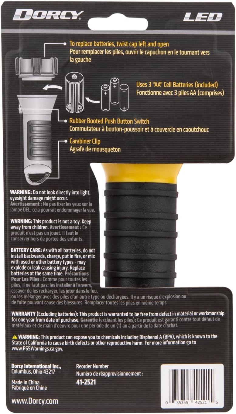 Dorcy 41-2521 Water Resistant Battery Powered Floating LED Flashlight with Carabiner Clip, Ideal for Camping and Outdoors, Bright Yellow