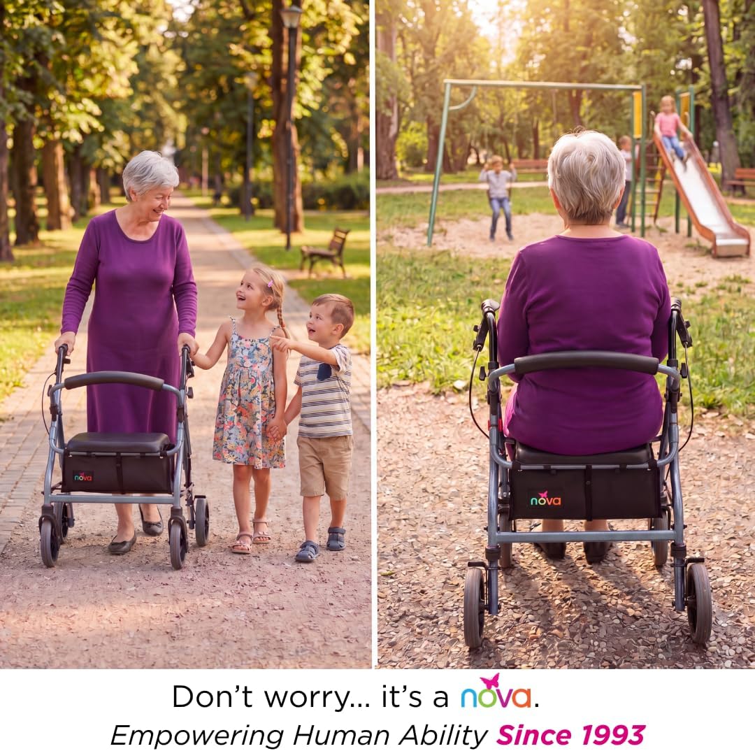 NOVA Zoom 22 Rollator Walker for Seniors, Rolling Walker with Locking Hand Brakes, Padded Seat & 8" Wheels, Lock N Load for Easy Transport & Storage, Adjustable Height 5'5"–6'1", Red