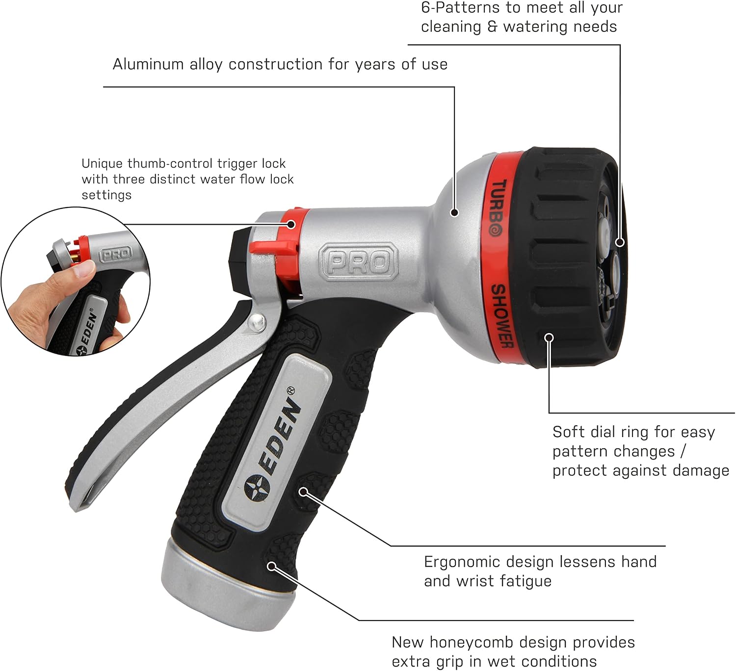 Eden Metal 7-Pattern Hose Nozzle: Thumb Control, Heavy-Duty Zinc Alloy