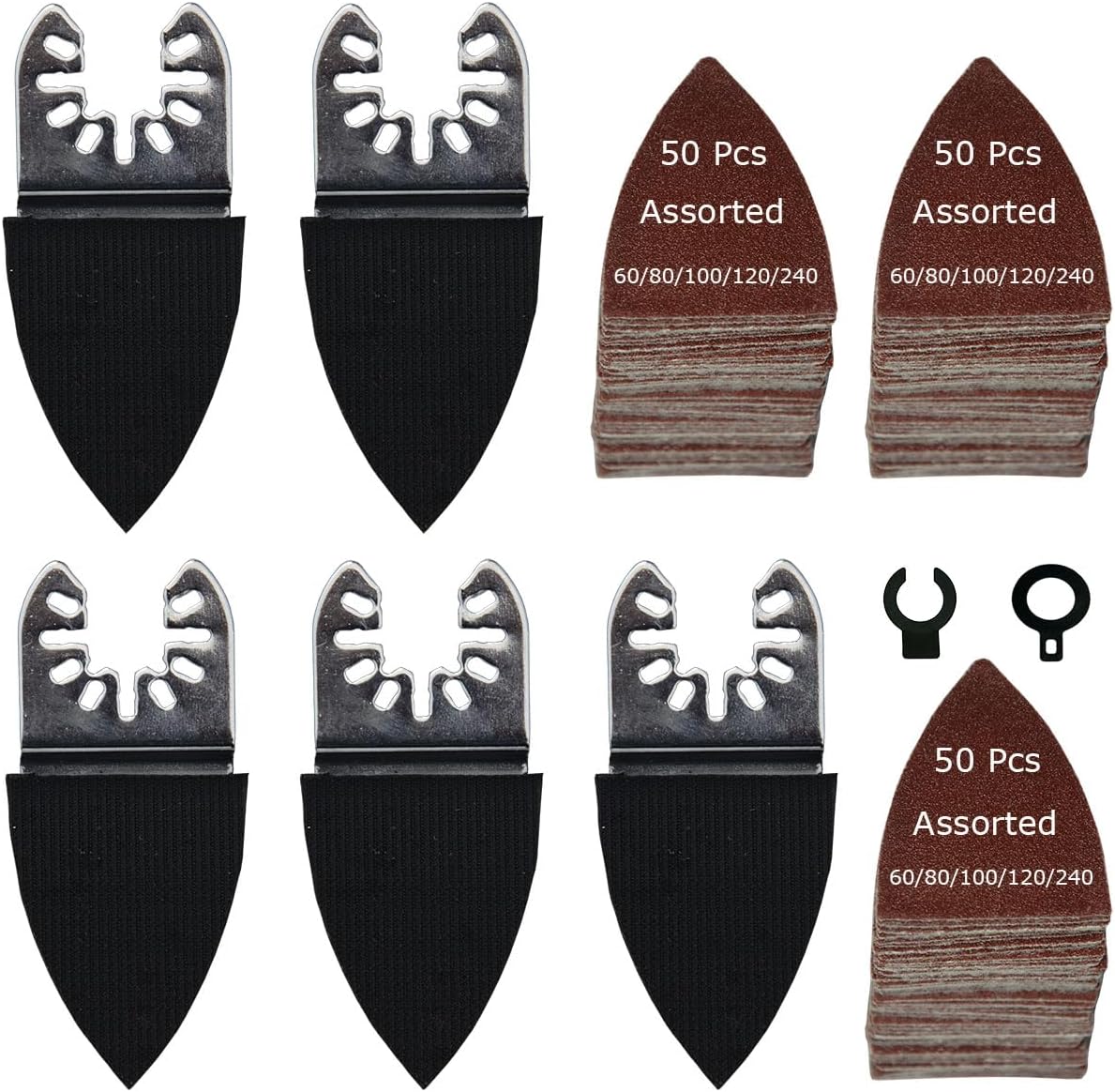XXGO 55 Pcs 80mm 3-1/8 Inch Triangular Oscillating Multi Tool Sanding Pads | Assorted Grit , Hook & Loop Design , Strong Velcro , Best for Metal Wood Sanding