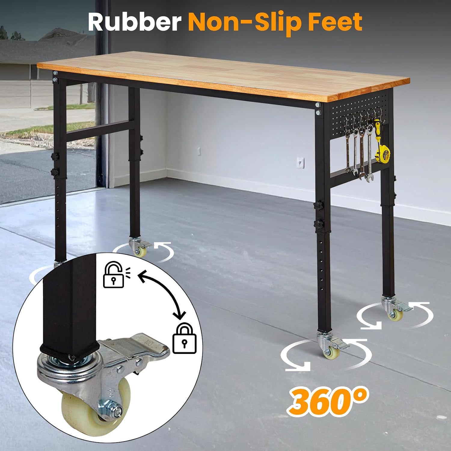 48" Adjustable Workbench, 8-Level Height Adjustable Rolling Work Table with Casters & Scale, Sit & Stand 2-in-1 Garage Tool Table with Pegboard & Hooks, for Workshop, Warehouse, DIY Projects