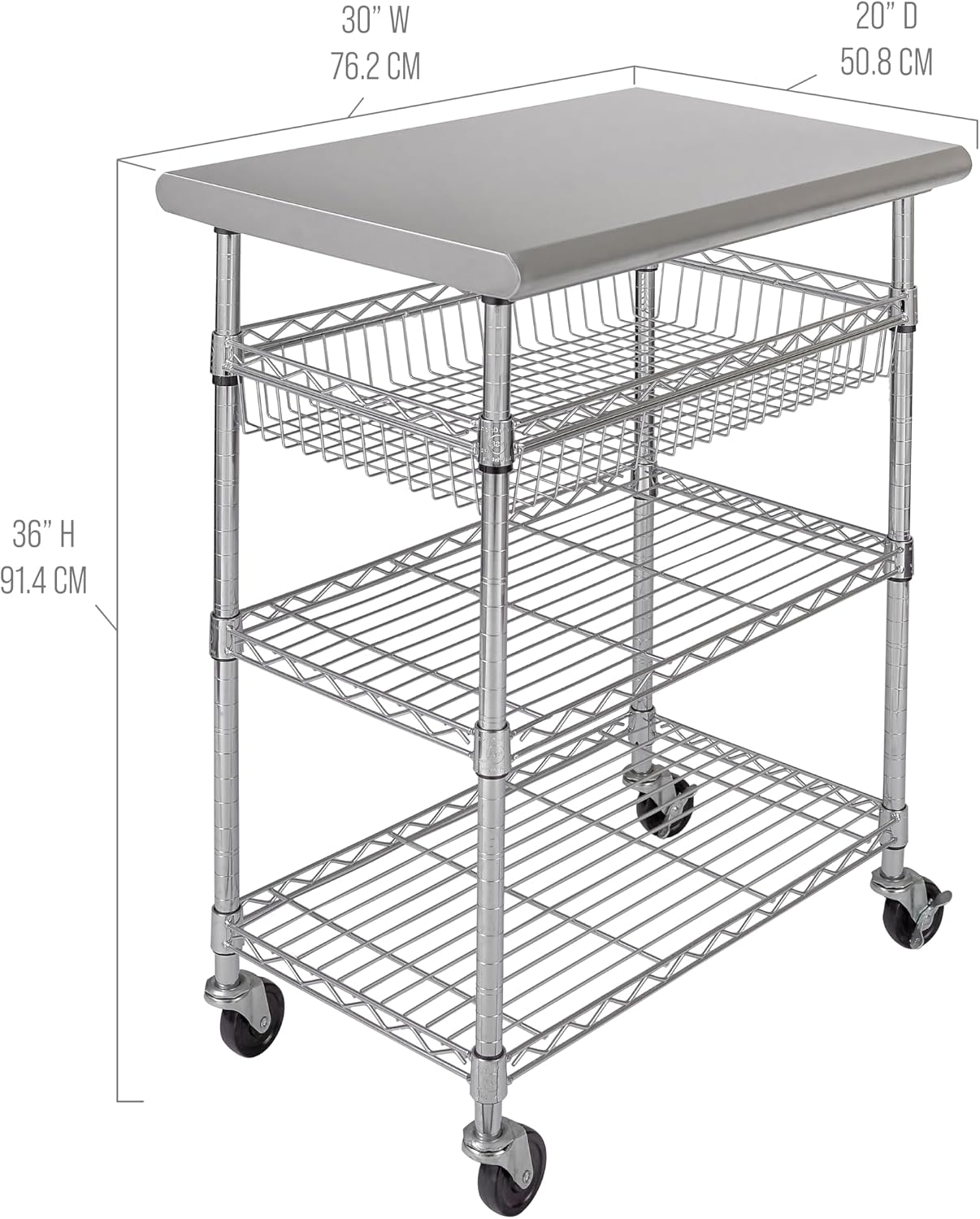 Stainless-Steel Commercial-Grade NSF-Certified Prep Table Cart, 24"W x 20"D | Heavy-duty durable utility workstation supports up to 450 lb w/ adjustable wire shelf and sliding basket on locking wheels