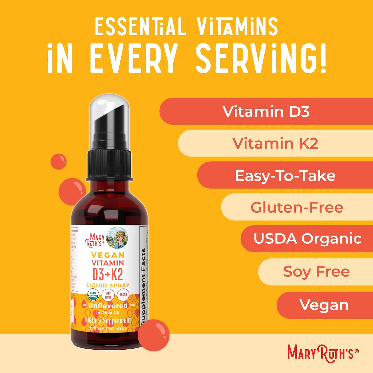 MaryRuth's Organic D3 + K2 Spray for Adults & Kids for Bone Health, 1 Fl Oz | Bone Health, Vitamin D3 as Cholecalciferol, Immunity, Mineral Absorption