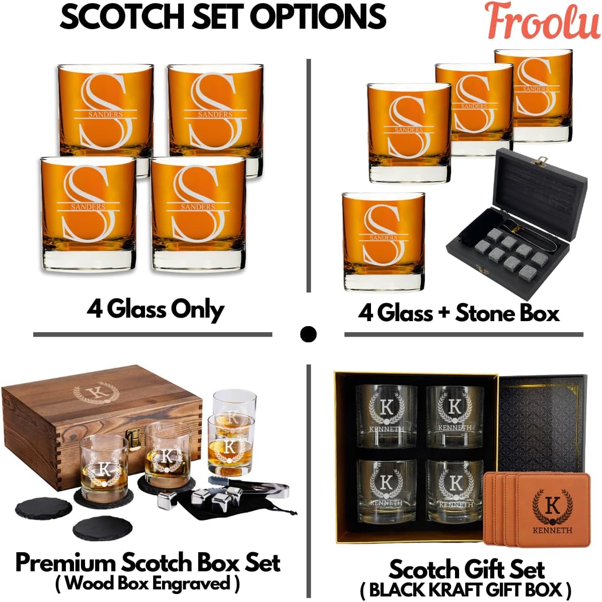 Customized Whiskey Gifts for Men - Personalized Scotch Glass Gift Set with Box - Engraved Wisky Rocks Glasses for Boyfriend, Husband
