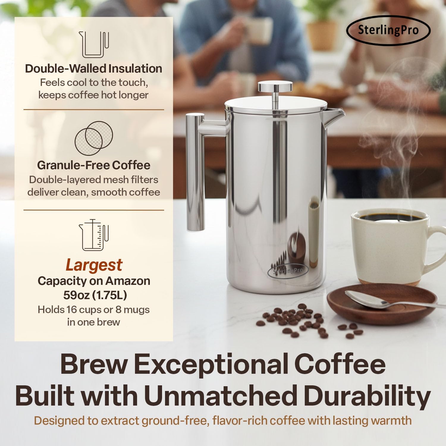 SterlingPro Large Insulated Stainless Steel French Press Coffee Maker 51oz Capacity (44 oz Brew Yield) – Double Wall Metal Coffee Press | Plastic Free | Cool-Touch | Mirror Finish | 12 Cups / 6 Mugs