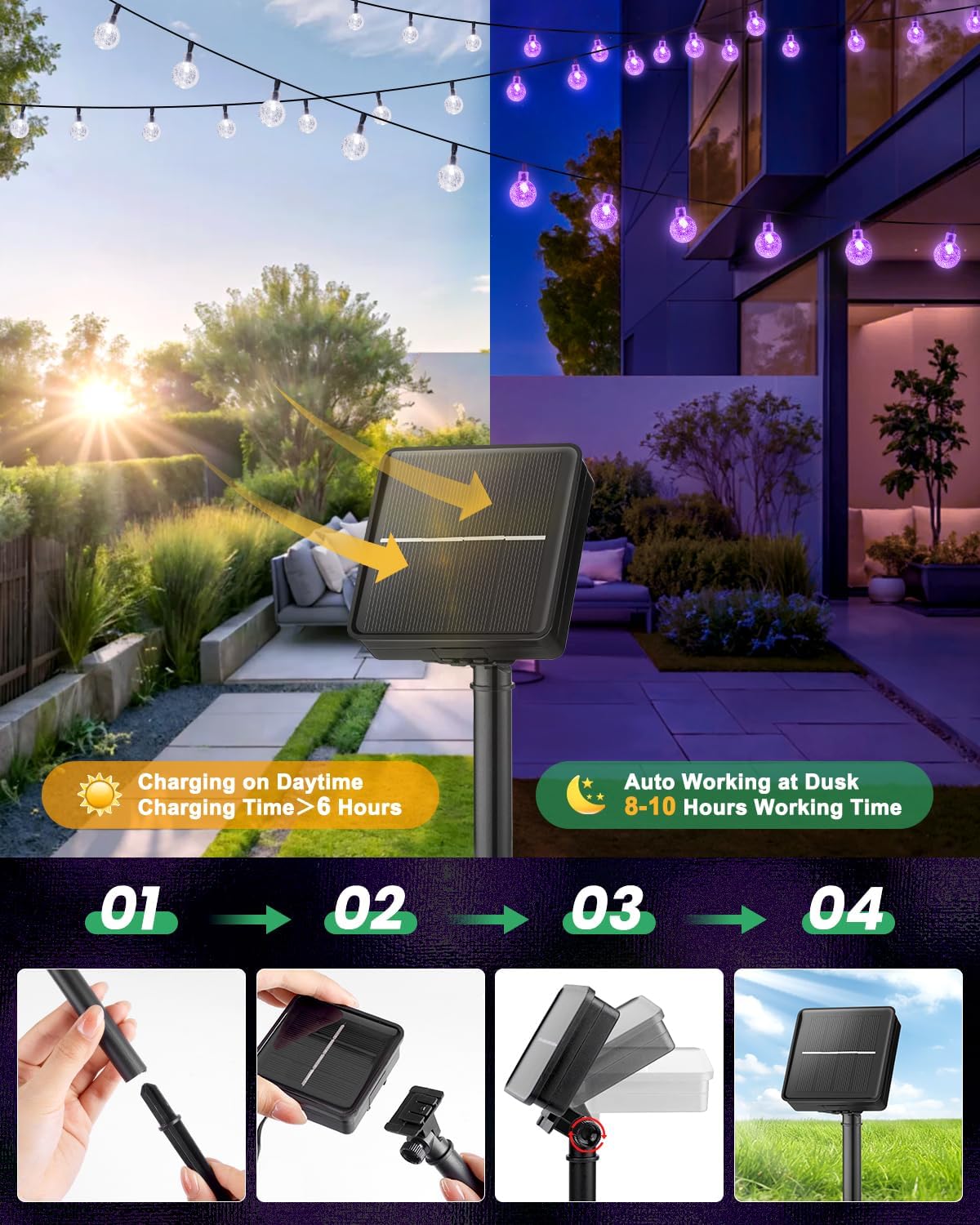 Brightown Solar String Lights Outdoor 60 Led 35.6 Feet Crystal Globe Lights with 8 Lighting Modes