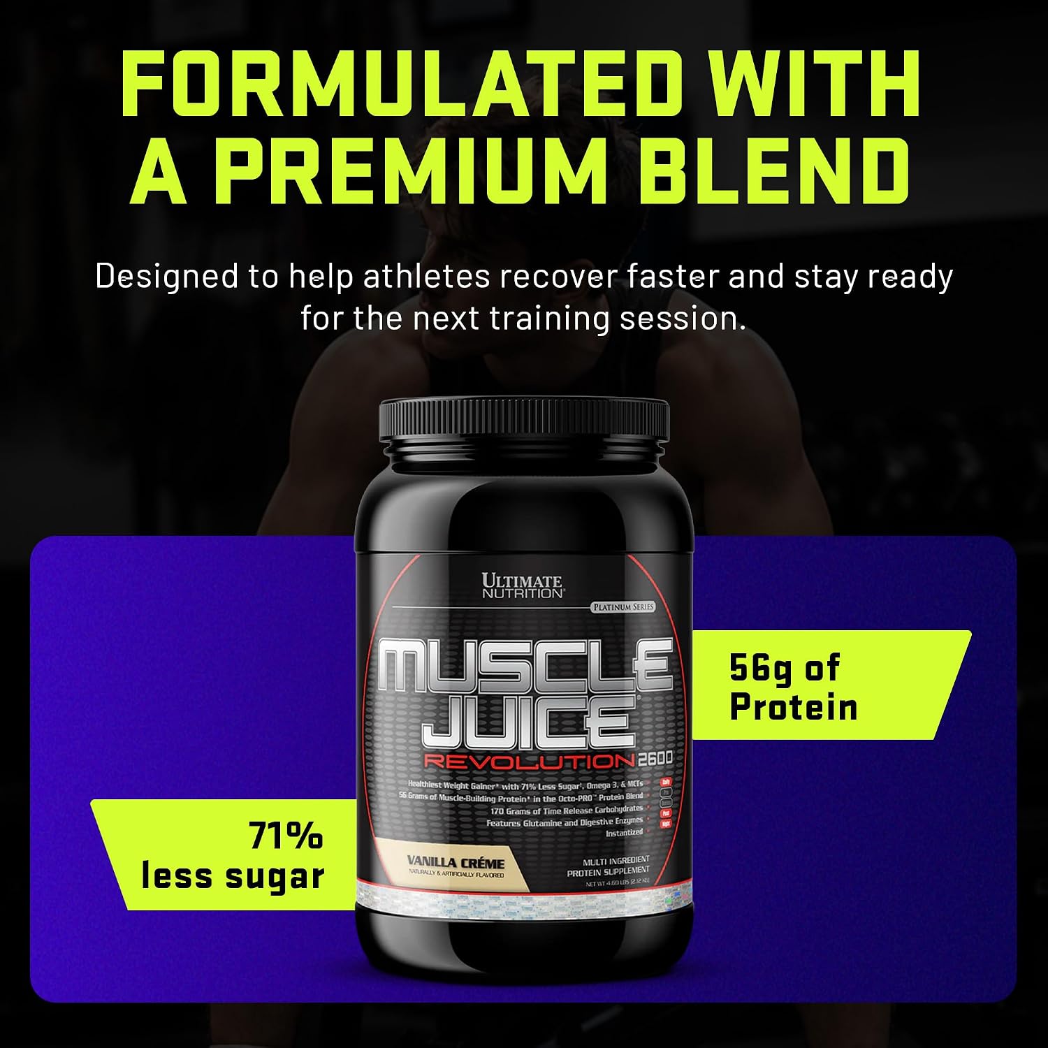 Ultimate Nutrition Muscle Juice Revolution 2600 Weight Gainer, Muscle Recovery with Glutamine, Micellar Casein and Time Release Complex Carbohydrates, Banana Protein Powder, 4.69 Pounds | 70g Octo-PRO™ Protein Blend, 175g Time-Release Carbs, 1000mg Gluta…