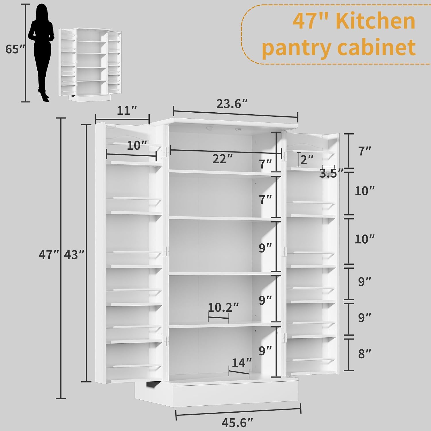 kepptory 47” Pantry Cabinet, Kitchen Pantry Storage Cabinet with Doors and Adjustable Shelves,Freestanding Buffet Cupboards Sideboard for Living Room and Dinning Room (White)