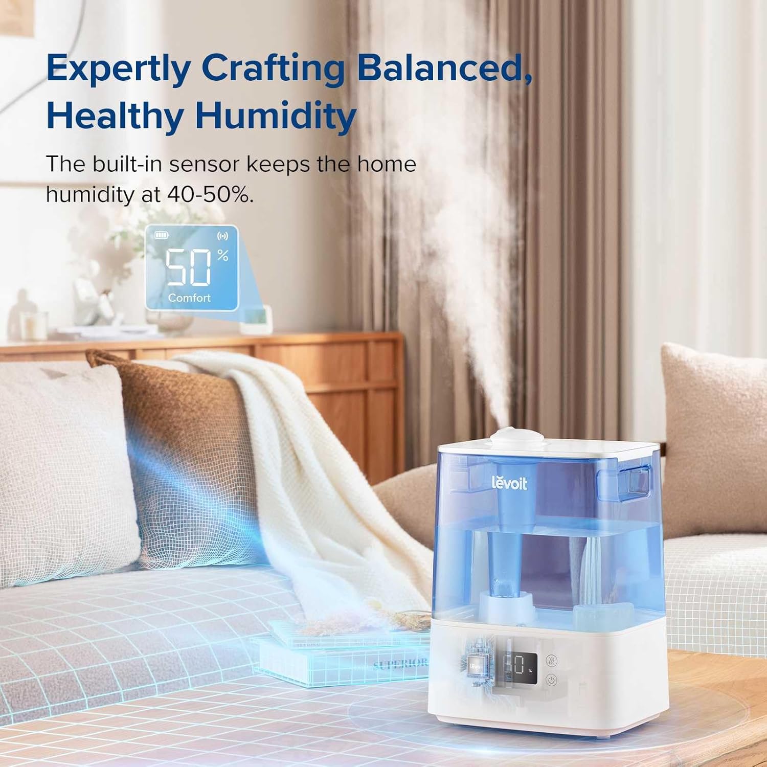 Levoit Humidifiers for Bedroom Large Room, 6L, 60H Runtime, 26dB, Smart App