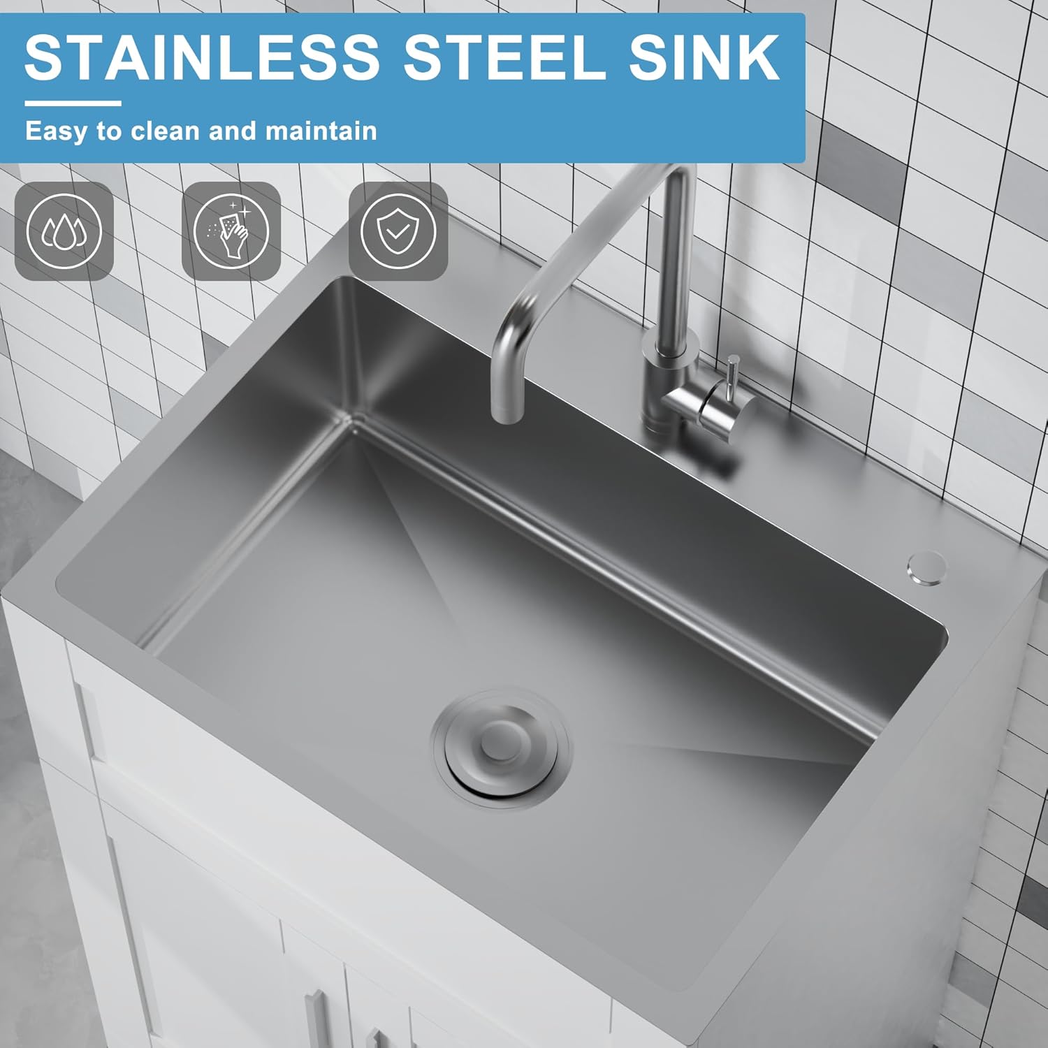 Goodyo Utility Sink with Cabinet 24 Inch Laundry Room Sink Cabinet 304 Stainless Steel Sink Combo White