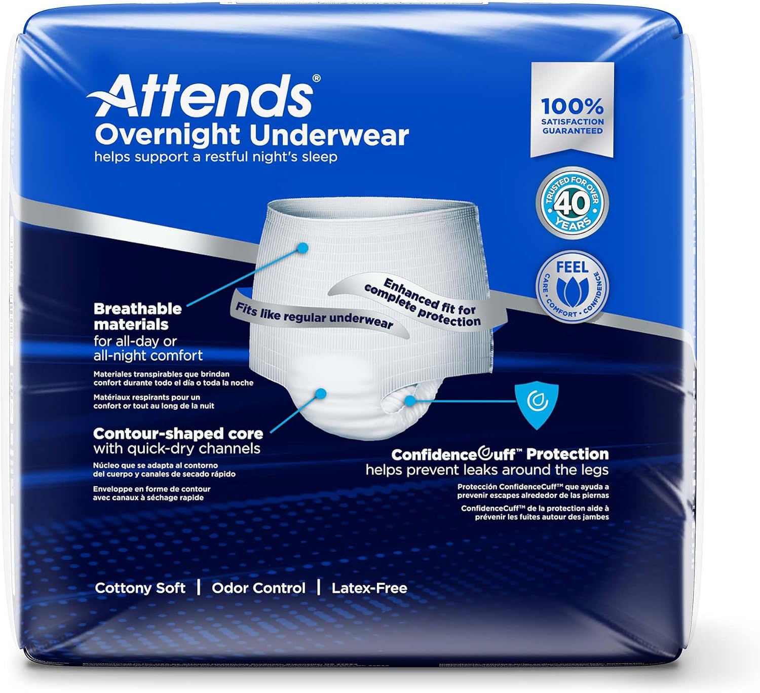 Attends Overnight Underwear for Adult Incontinence Care with ConfidenceCuff™ Protection, Overnight Absorbency, Unisex, X-Large, 12 Count (x4) | Unisex