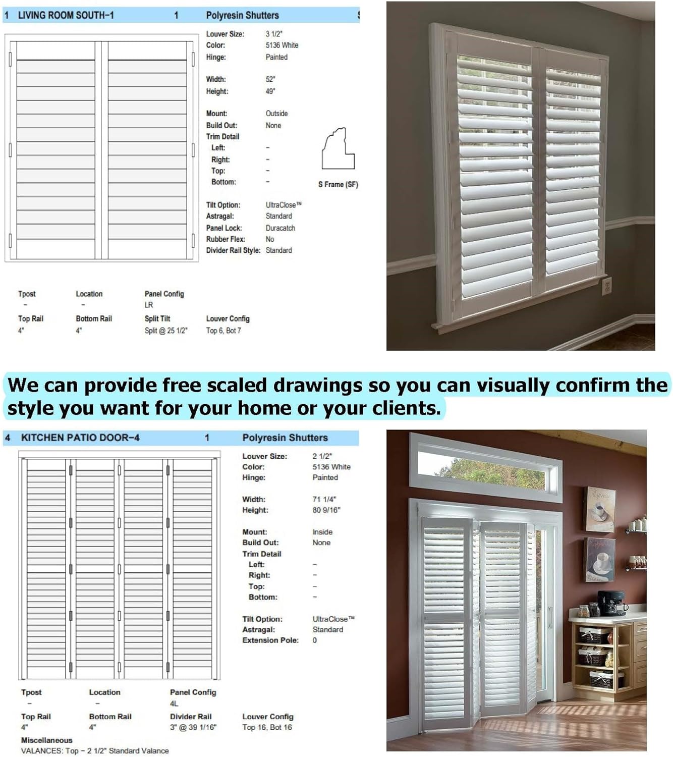 -Plantation Shutters –Custom Made Window Blinds – No Front Tilt Rod - Easy DIY Installation – Interior Plantation Shutters -Privacy Blinds for