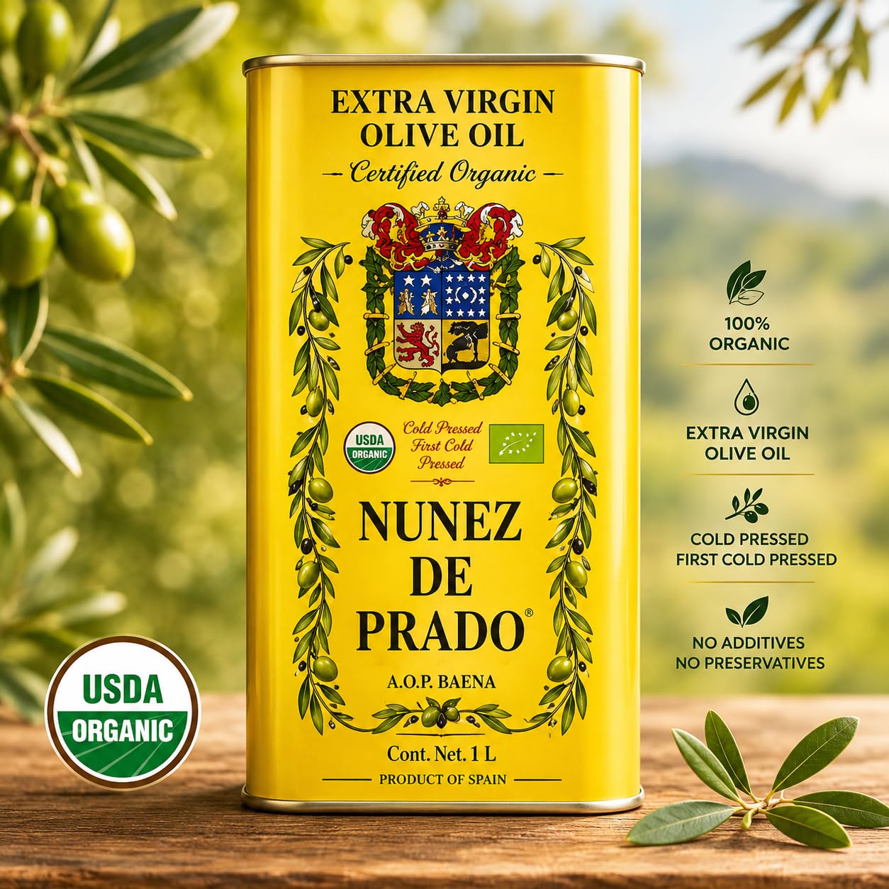 Nuñez de Prado Extra Virgin Olive Oil – USDA Organic, DOP Baena, First Cold Pressed, Family Estate Harvest, 33.8 fl oz (1 Liter)