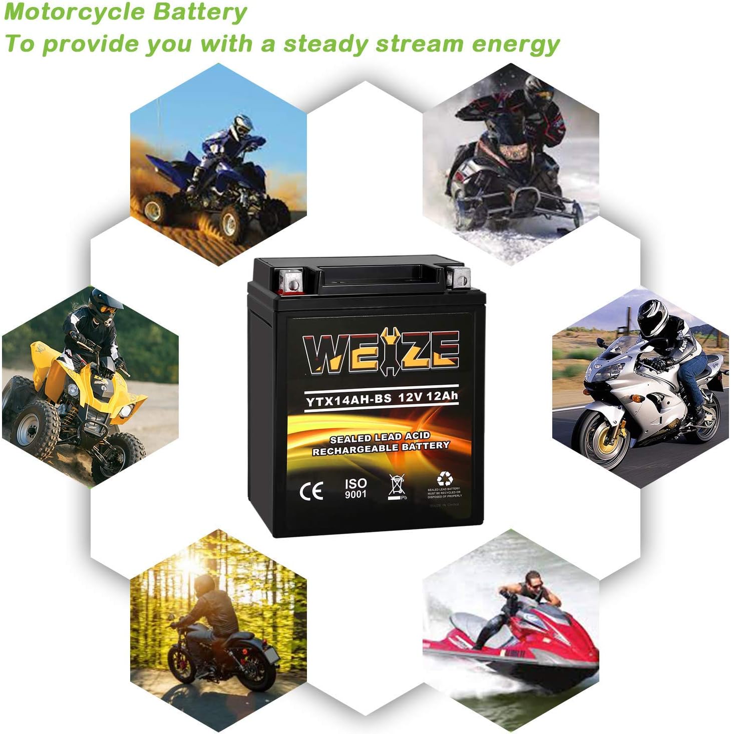 Weize YTX14 BS ATV Battery High Performance - Maintenance Free - Sealed AGM YTX14-BS Motorcycle Battery compatible with Honda Suzuki Kawasaki Yamaha scooter snowmobile
