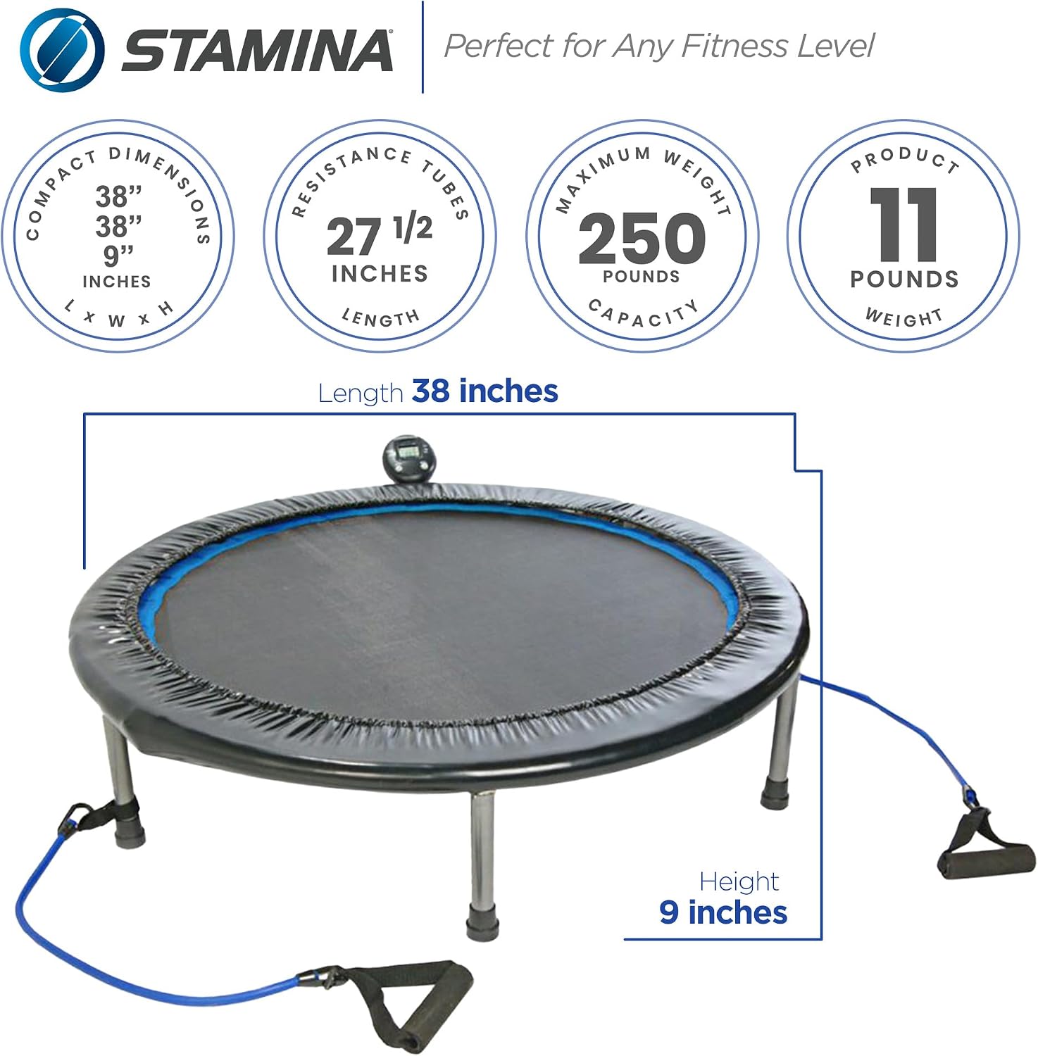 Stamina 36" Foldable Mini Trampoline Rebounder for Adults with Smart Workout App, Black - Portable Fitness Equipment for Home Gym, Cardio and Jumping Training Exercise