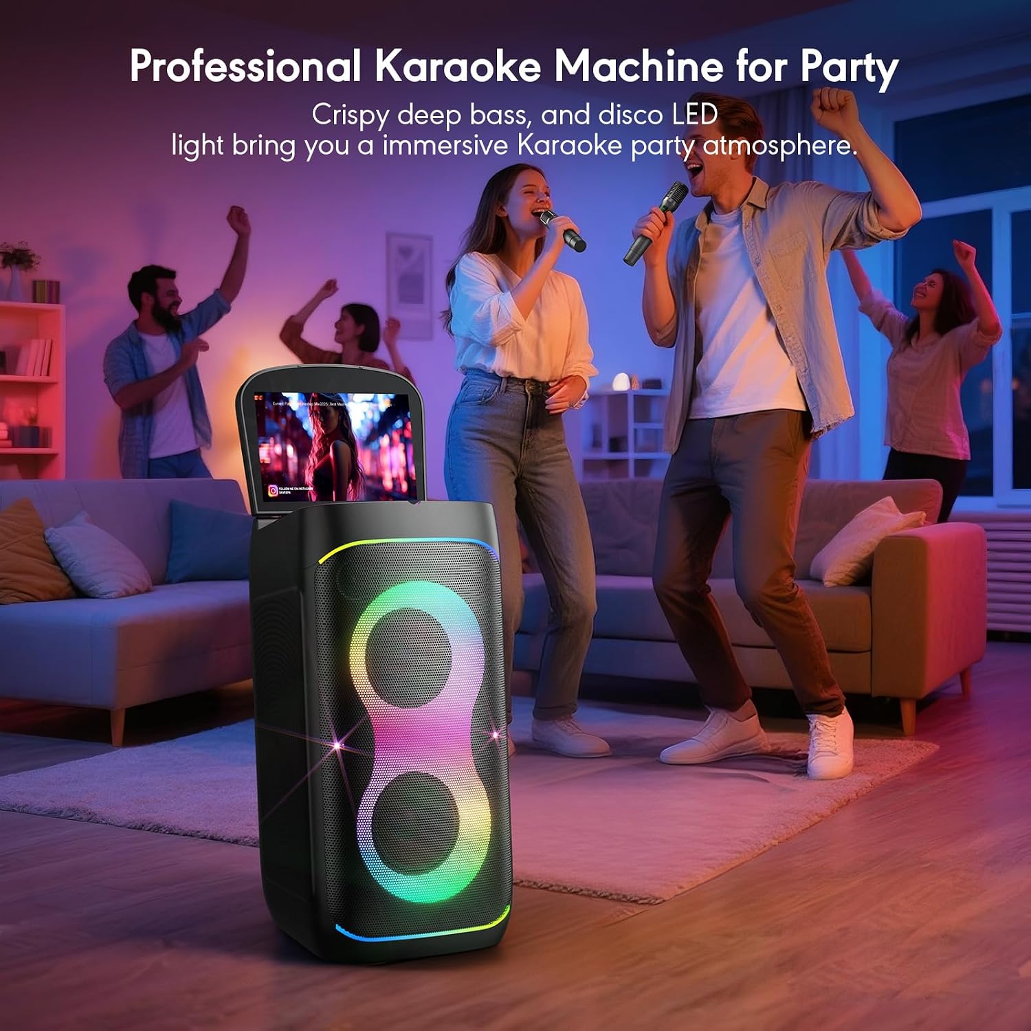 Smart Karaoke Machine with 10.1 Inch Screen, with Lyrics Display, Build-in Karaoke APP, 300W Powerful Speaker, 2 Wireless Microphones